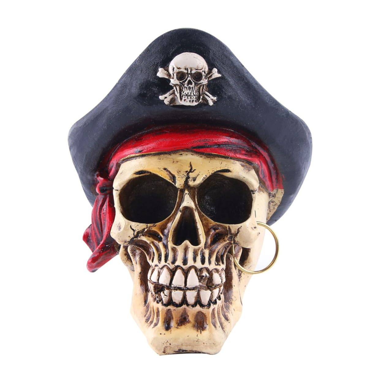 Calavera de pirata tallada en resina ligera con acabado agrietado artístico