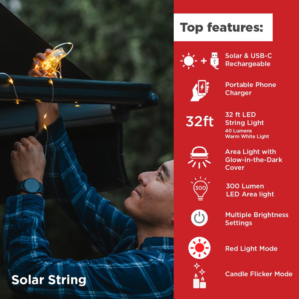 LuminAID Solar-Lichterkette mit Handy-Ladegerät, 9,8 m | 300 Lumen, Solar & USB wiederaufladbar, Zeltlichter für Camping, Hinterhof, Terrasse, Wohnmobile, Outdoor, Stromausfälle