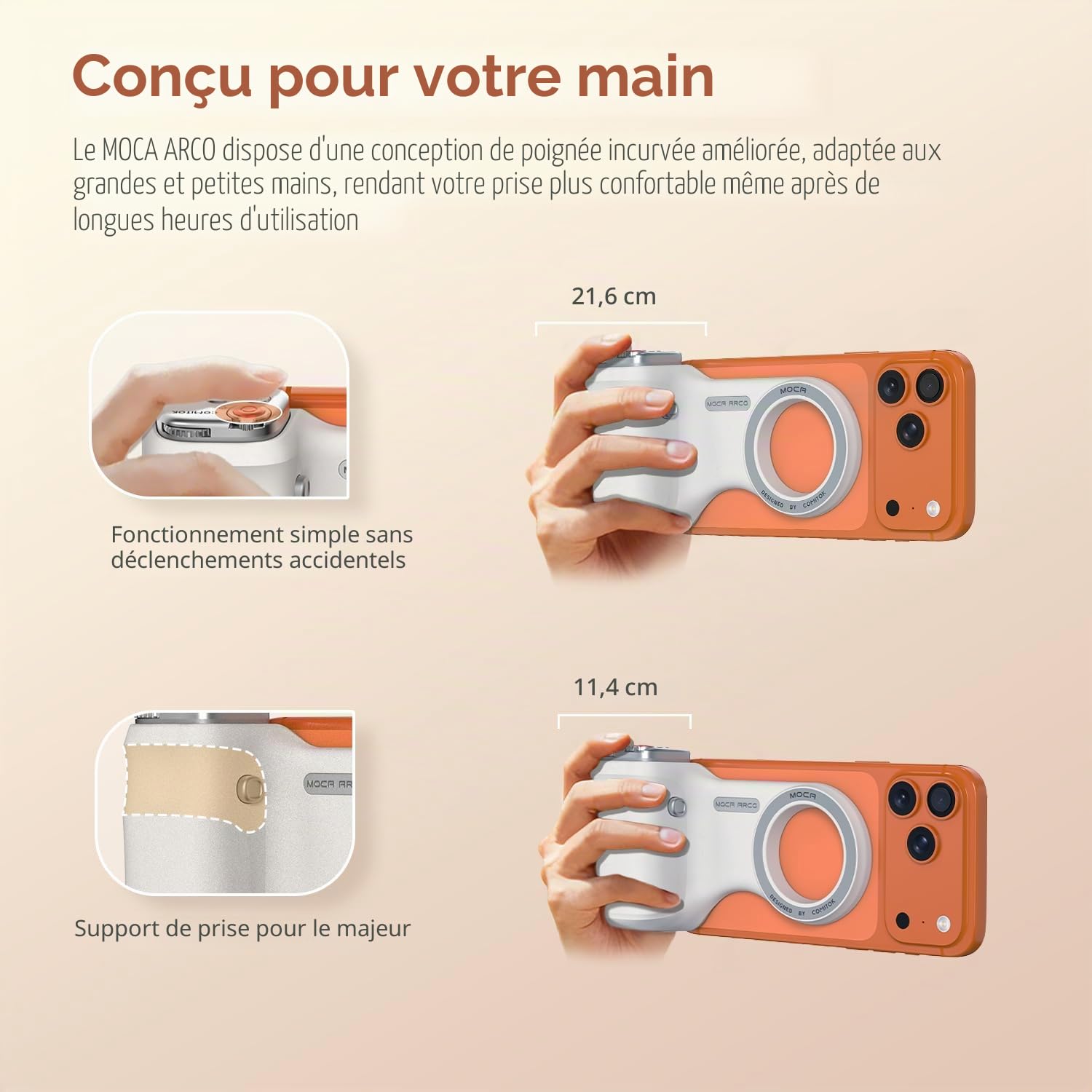 COMITOK MOCA ARCO Poignée pour appareil photo pour enregistrement vidéo avec zone de repose-pouce pour iPhone Pro Max, avec support de téléphone amélioré et télécommande amovible pour une prise de vue