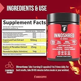 Inno Shred Fat Burner for Men and Women with 100mg Capsimax, Grains of Paradise, Organic Caffeine, Green Tea Extract, Appetite Suppressant, Weight Loss (60 Veggie Capsules) | (with Stimulant)