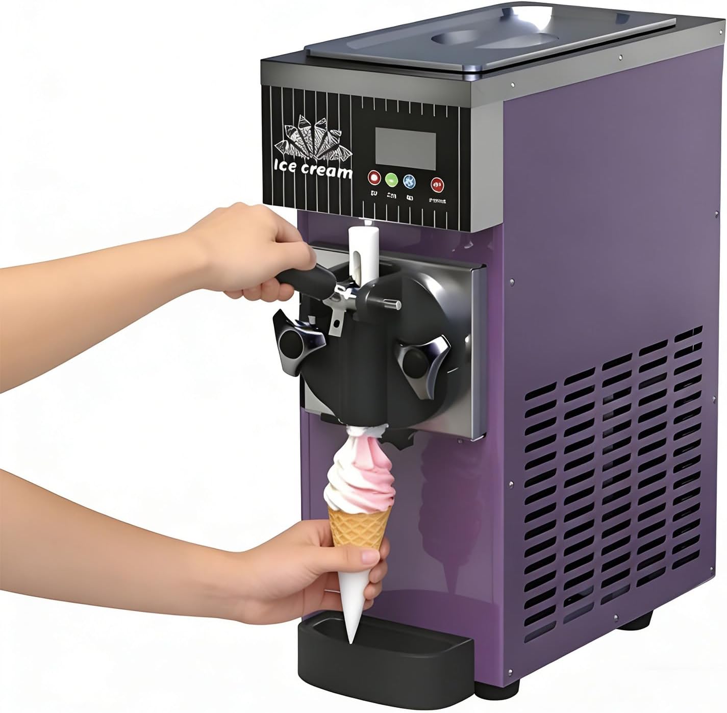 Ice Cream Maker, Soft Serve Machine, 450w Commercial Ice Cream Maker, 2.5l + 1l Capacity, 4-5kg/H Output, With 3 Ice Cream Molds, Adjustable Hardness, For Ice Cream Shops, Cafés, Bars Purple