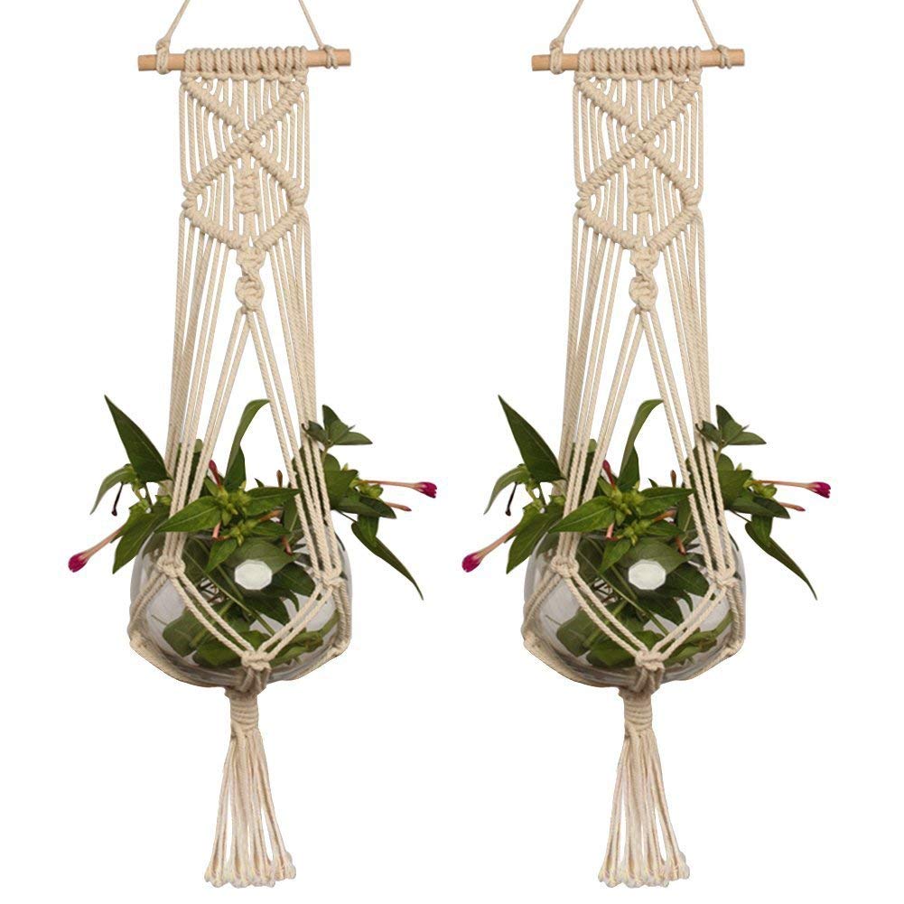 LANGUGU Set of 2 Macrame Plant Hanger with Wooden Dowel Wall Hanging Planter Basket for Indoor Outdoor Flower Pot Plant Holder Wall Art Vintage Home