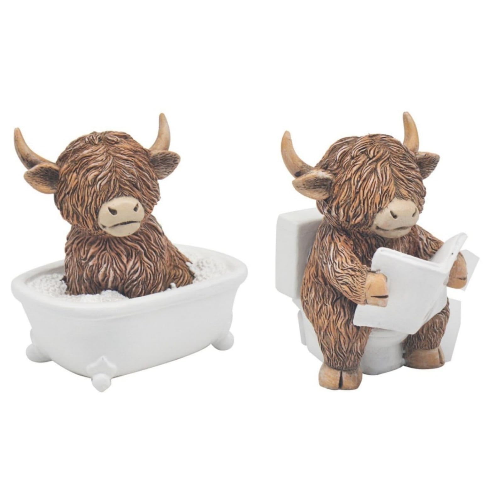 DSXVJHD Highland Cow Bathroom Decor, Resin Soaking Bath Toilet Figurine, Decorative Animal Ornament for Living Room, Bathroom, for Women/Men (Bath+Toilet)