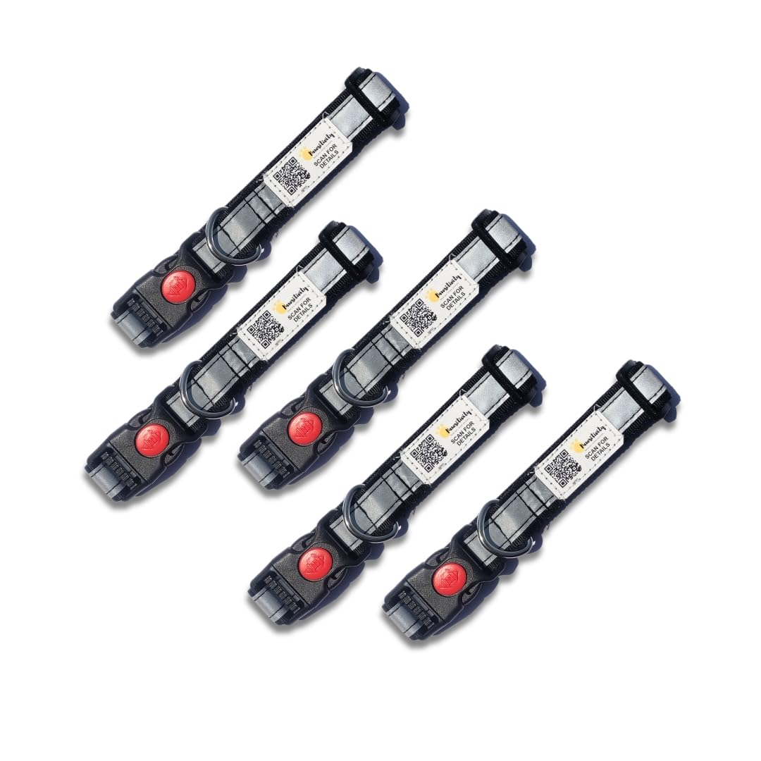 India's First Smart Reflective Collar by Pawsitivity for Strays, QR Code Enabled, Anti Theft, Durable and adujstable | Pack 5 pcs | Color: Black