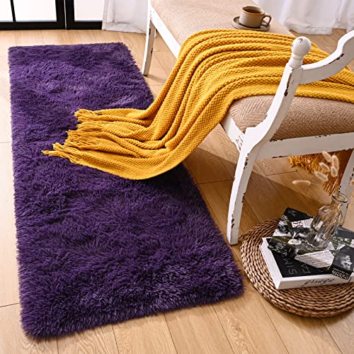 Rtizon Runner Rug for Bedroom, 2x6 Soft Shag Fluffy Area Rugs for Girls Boy's Room, Plush Shaggy Carpet with Non-Slip Bottom for Living Room Dorm, Dark Purple
