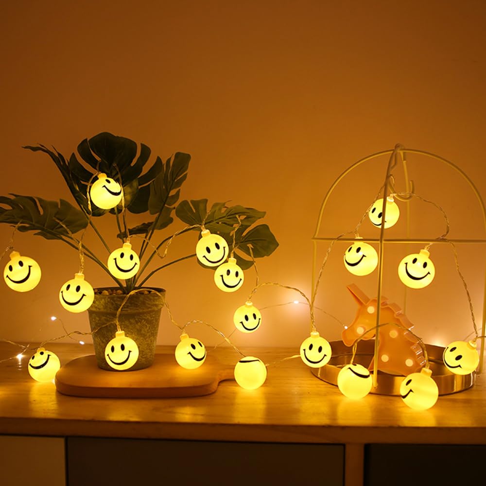 LEKIBOP LED Smiling Face Happy Light String Children's Room Courtyard Decorative Light, Gift Wedding Halloween Christmas Party Decorative Battery Light (10 FT, Smiling face)