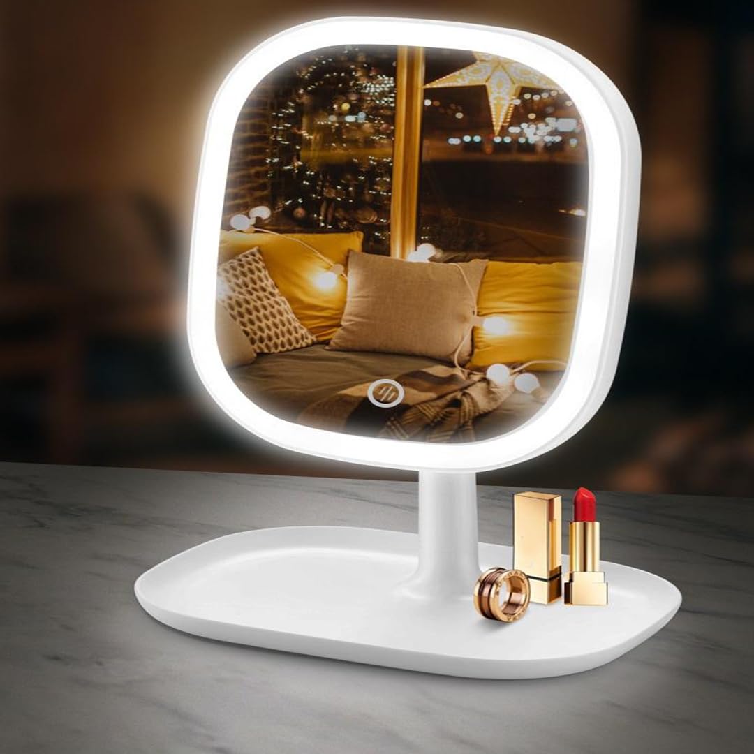 Makeup Mirror with Light Travel Vanity Mirror with 3 Colour Lights |Portable Mirror with Stand | USB Rechargeable | Mini LED Mirror Foldable (White), Rectangular, Tabletop-image-11