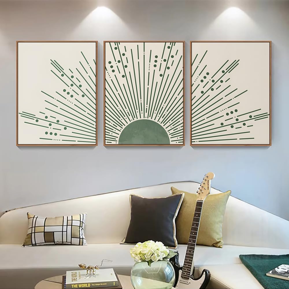 Boho Canvas Wall Art Sage Green Sun Rising on the Sea minimalistyczny plakat, wydruki do wystroju salonu w łazience (80 x 120 cm x 3/wewnętrzna ramka)