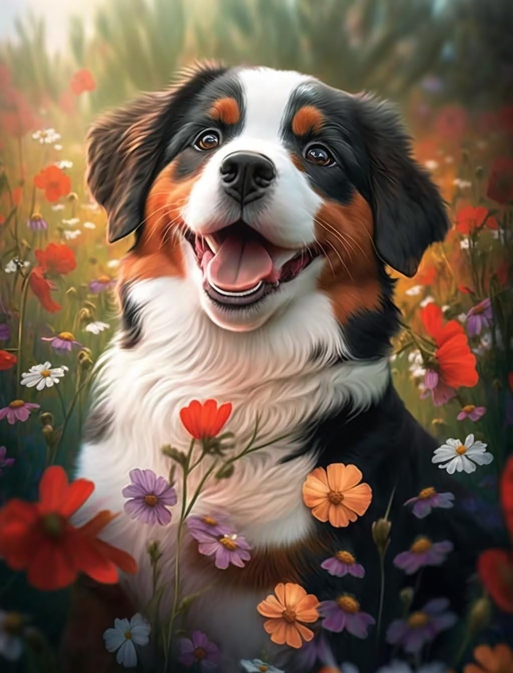 Bernese Mountain Dog 500 Pieces Puzzle for Adult - Flower Garden Happy Dog Wooden Jigsaw Puzzles Challenging Educational Fun Toys for Family Creative