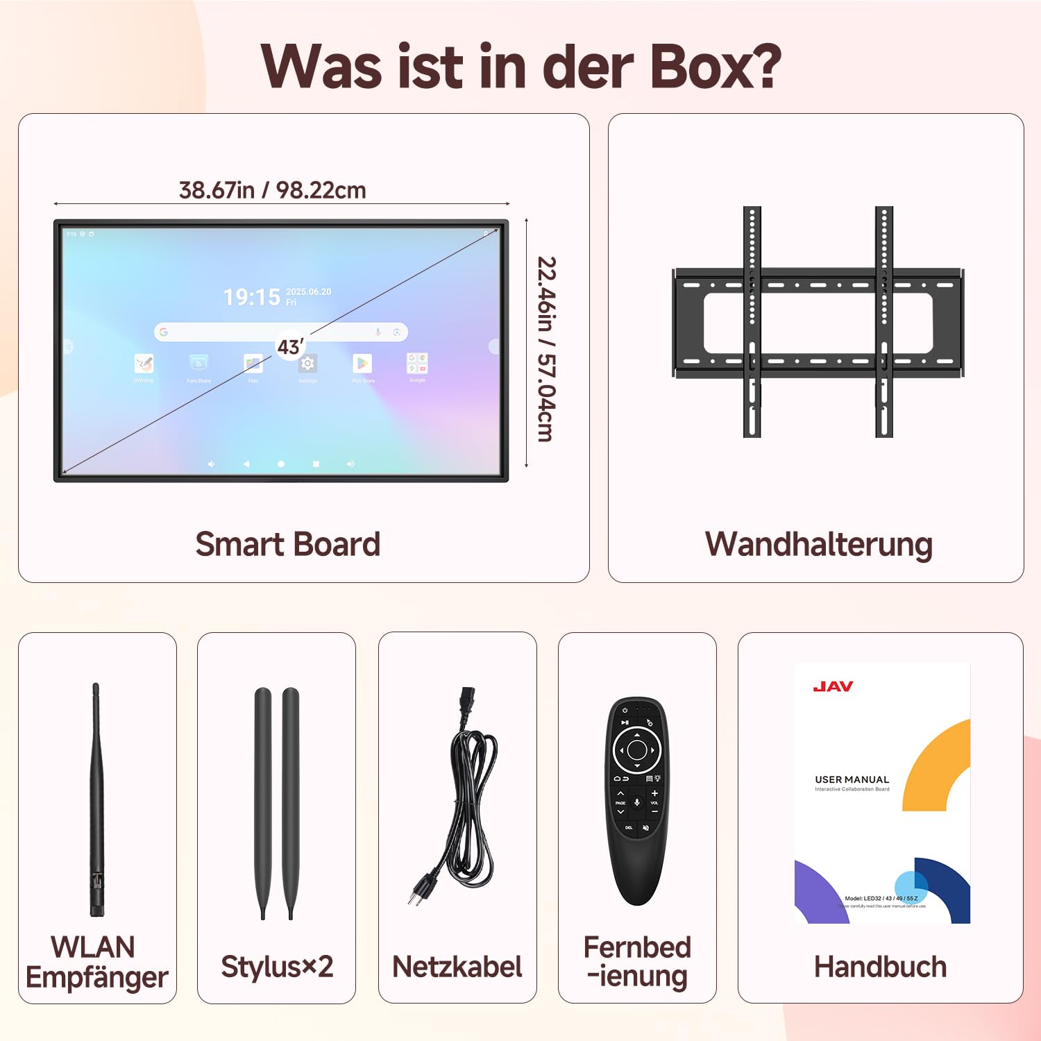 JAV Interaktives Whiteboard Smart Board 43 Zoll Android 14 Google EDLA Zertifiziert Drehbares Smart Screen 8+128 GB Digitales Whiteboard für Live Streaming Büro Klassenzimmer (Inklusive Wandhalterung)