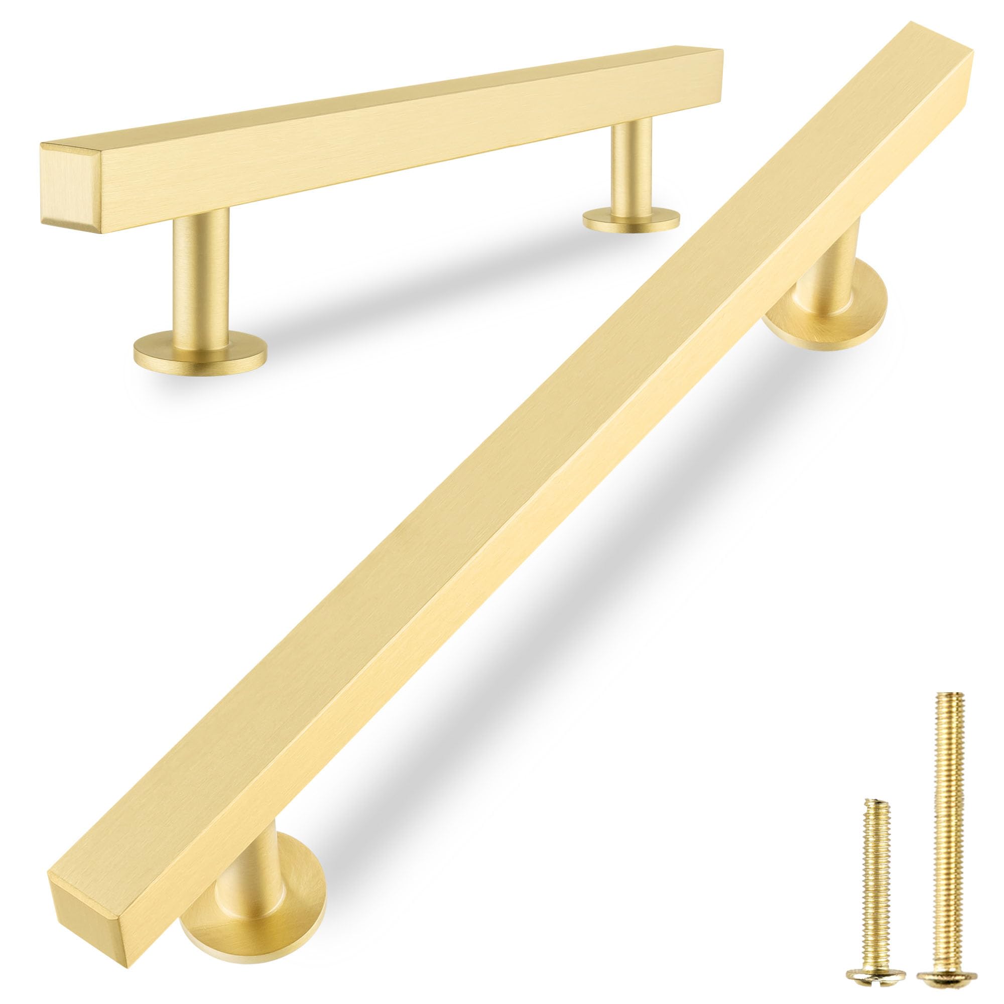 QOGRISUN 5-Pack Solid Brass Cabinet Handles, Gold Square T Bar Cabinet Pulls, 6-1/4 Inch Hole Center for Kitchen Dresser Drawer Cupboard, Brushed