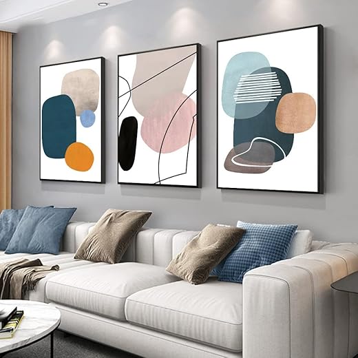 MPLONG Wall Art 3 Pieces Of Framed Decorative Paintings Abstract Simple Orange White Blue And Other Color Blocks Wall Art Canvas Prints Home Decoration Gifts Size 20" x 28" x 3 Panels