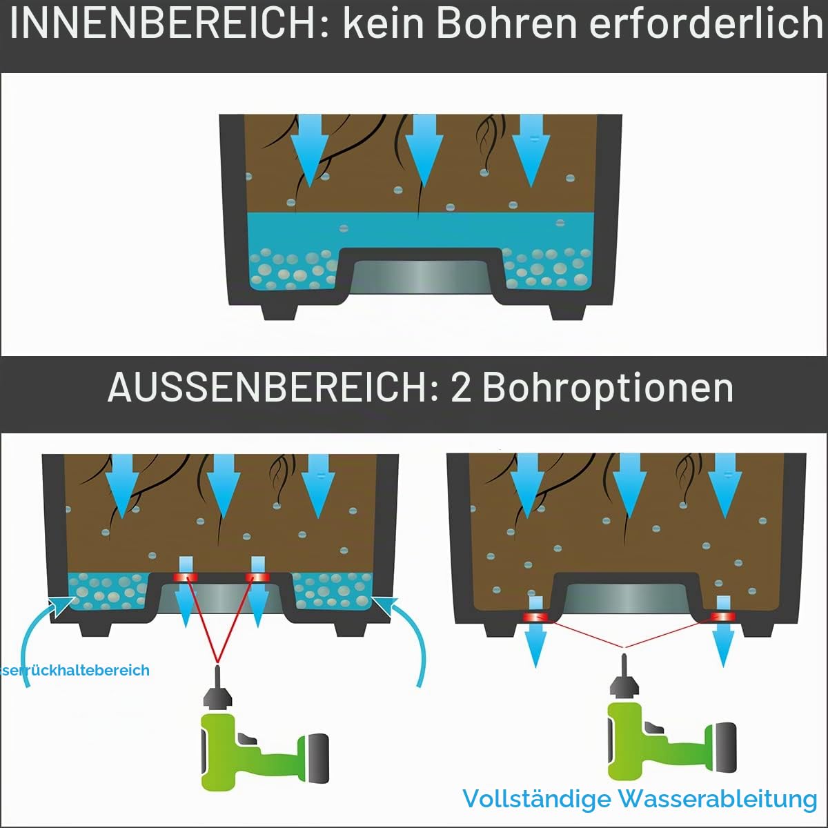 EDA - Quadratischer Topf, 50 cm, Volcania, 57 l, Steinoptik, doppelwandig, Wasserspeicherbereich, 49,5 x 49,5 x 49,5 cm, Kieselgrau
