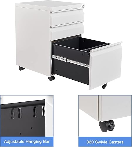 Vista 15 de Yizosh Archivador móvil de 3 cajones con cerradura, archivador negro debajo del escritorio, archivador con bloqueo de metal sobre ruedas