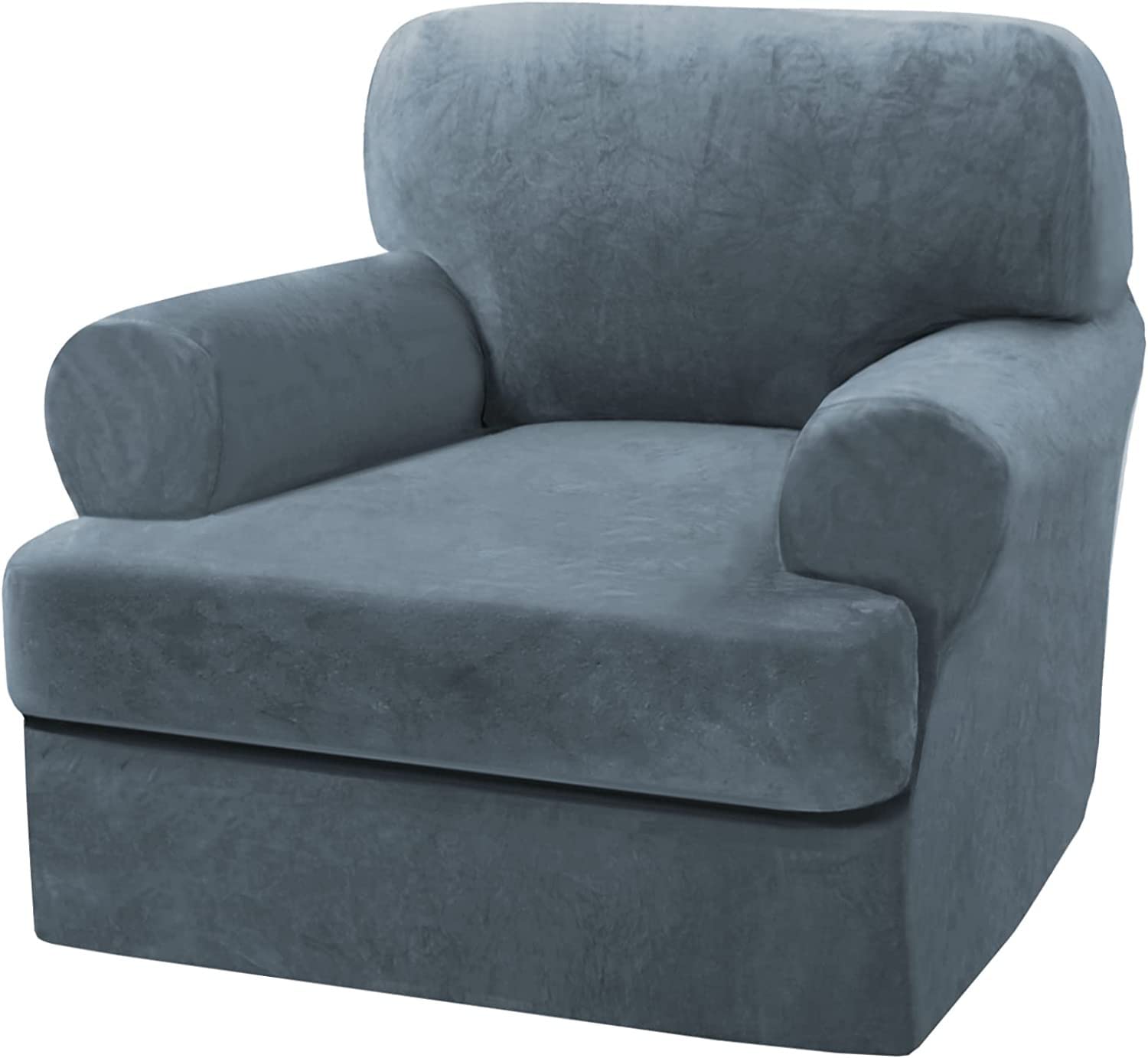LINGKY Velvet Sofa Covers with Separate T Cushion Covers Ultra Soft Plush Sofa Slipcover No-Pilling Washable Furniture Protector with Elastic Bottom (Stone Blue,1 Cushion Armchair)