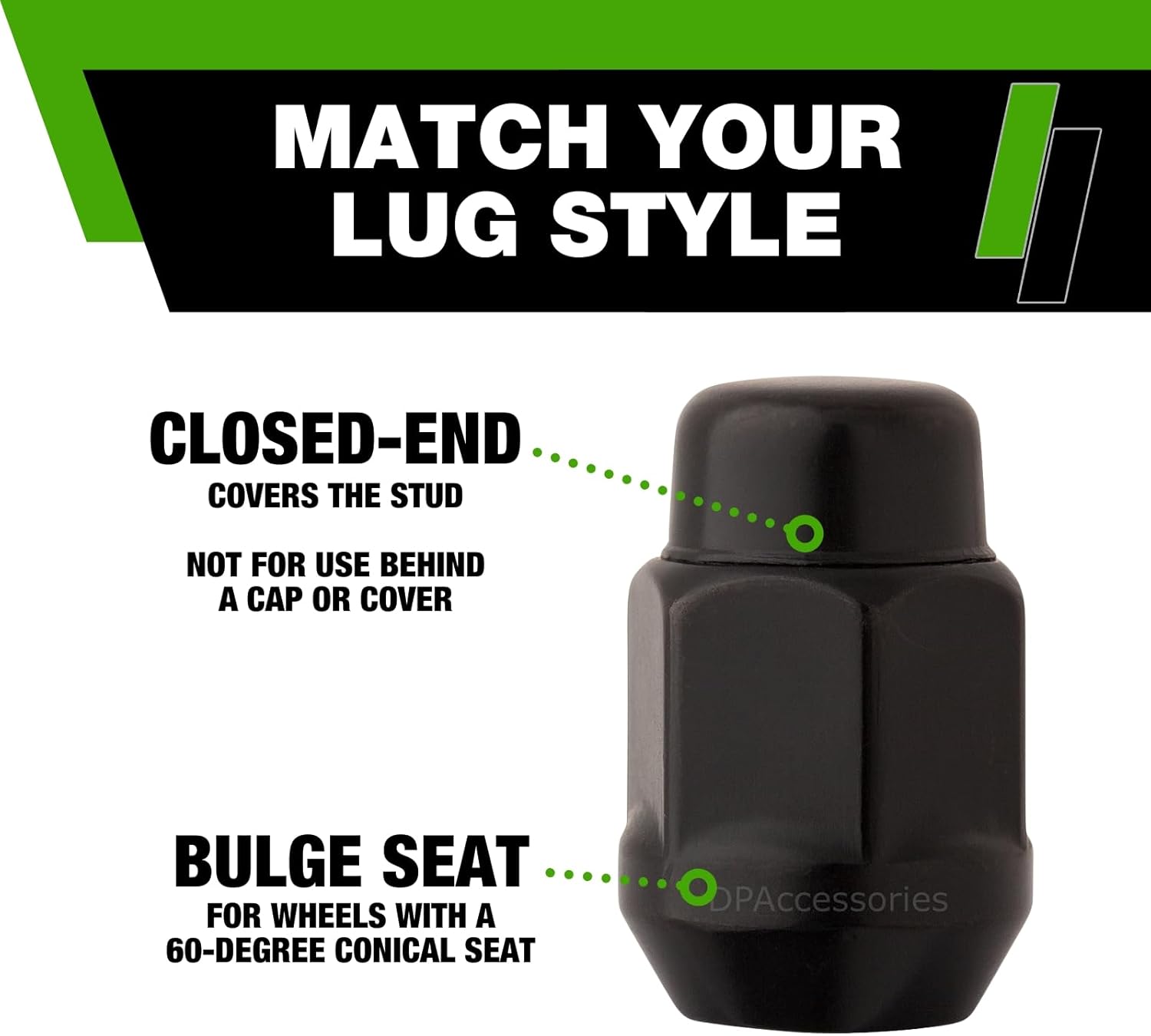 DPAccessories Black M12x1.50 Lug Nuts - Closed End Bulge Acorn - 21mm (13/16") Hex - 1.4" Tall - Set of 16 - LCB3C6HE2BK04016