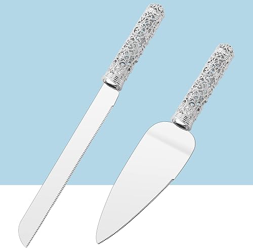 Juego de cuchillos y servidores para tartas de boda, juego de 2 piezas de postre con mango de cristal y piedras de cristal para decoración de bodas,