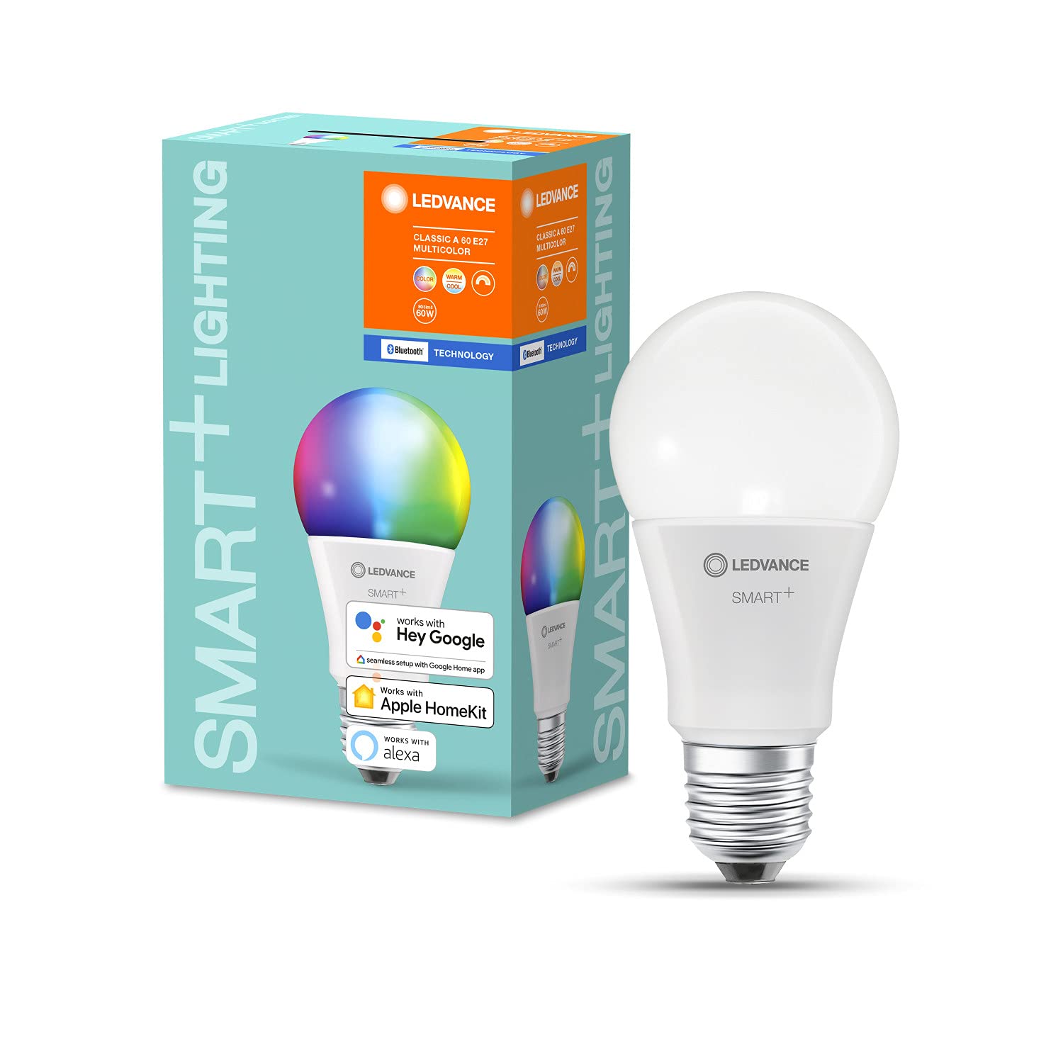 LEDVANCE Lámpara Smart LED, Bluetooth, E27, color de luz variable (2000-6500K), colores RGB cambiables, sustituye lámparas incandescentes 60W,controlable con Google y Alexa, paquete de 4
