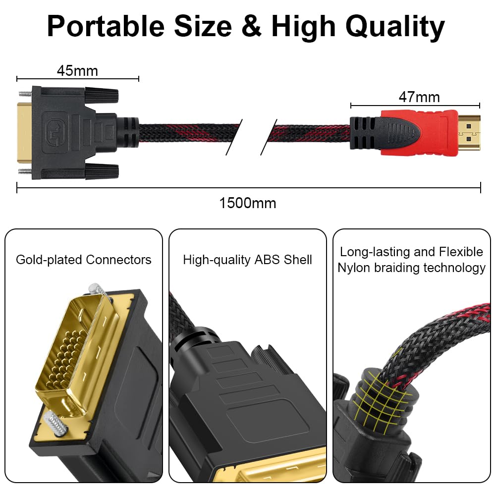 AXFEE Câble HDMI vers DVI Bidirectionnel 4K 1.5M 24+1 Pin Compatible Projecteur TV PC