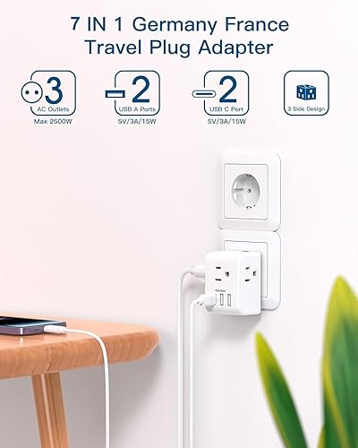 Miniatura 3 de Paquete de 2 adaptadores de enchufe de viaje de Alemania Francia con 3 tomacorrientes, 3 puertos de carga USB (1 USB C), adaptador de corriente
