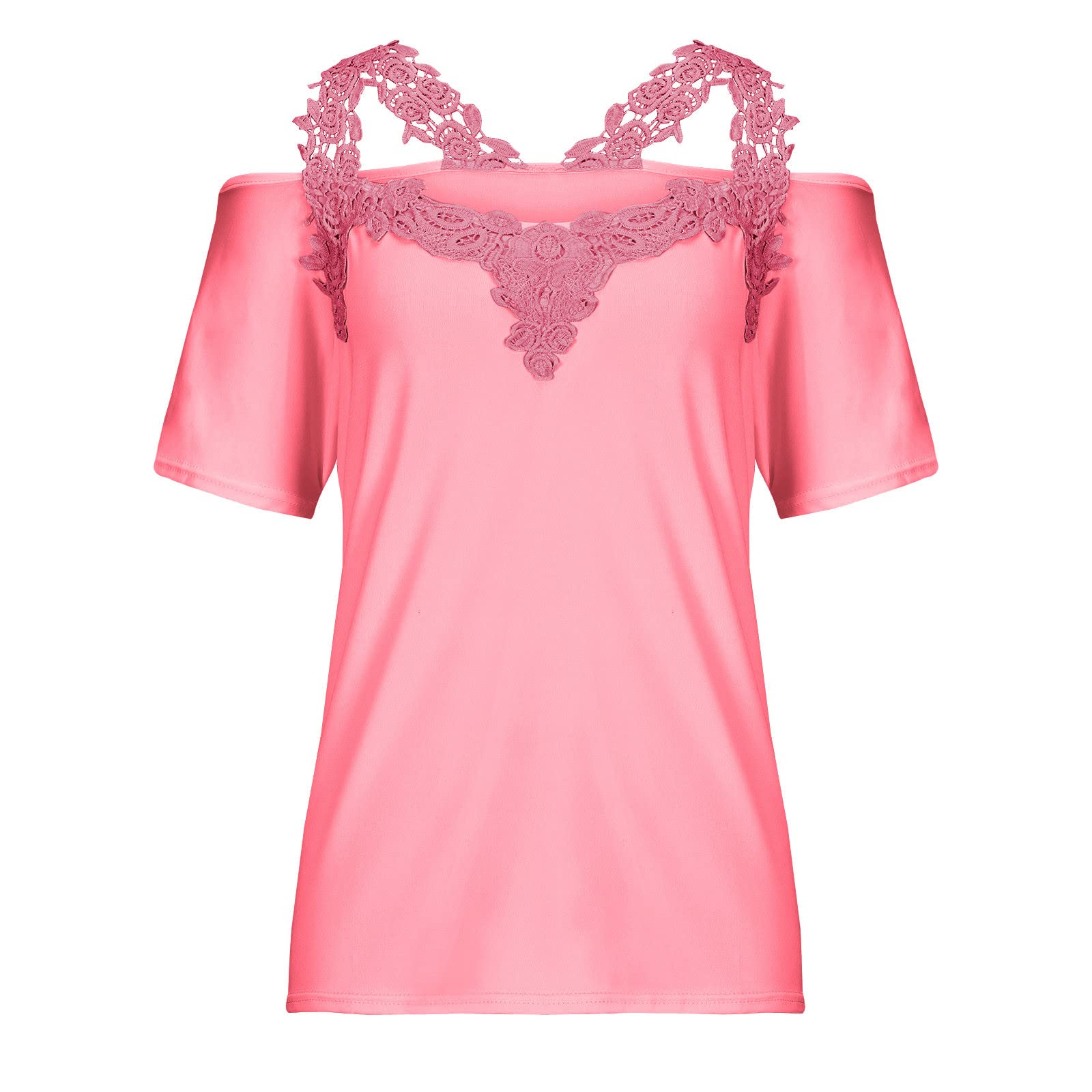 Lace Crochet Cold Shoulder Tops for Women Trendy Summer Short Sleeve Tunic Shirts Casual Loose Strappy Blouses
