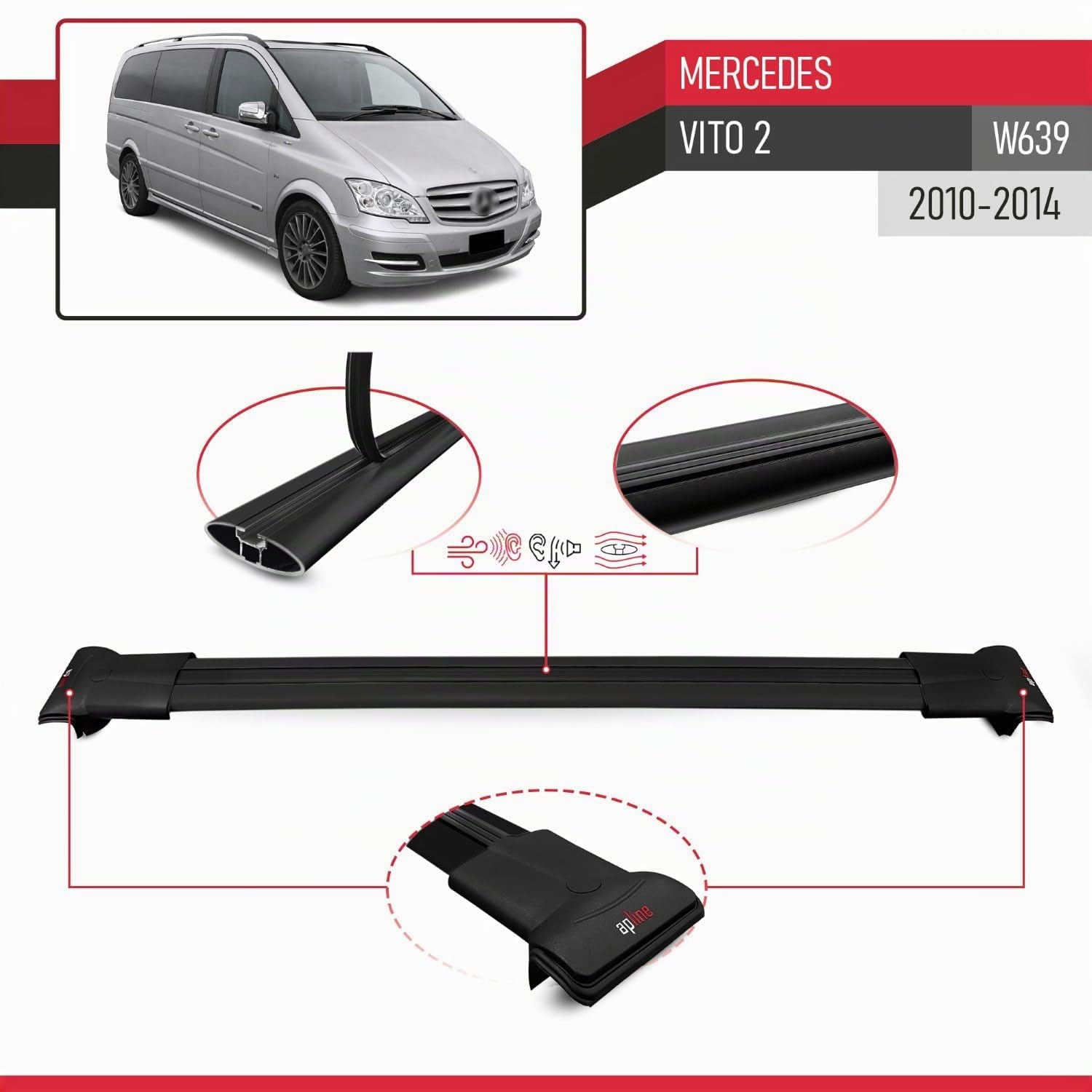 Compatible con Mercedes Vito 2 (W639) Post-Facelift 2010-2014 Modelo Fly Barra de Techo Auto Portaequipajes Barras Transversales Negro Aluminio 2 Barras