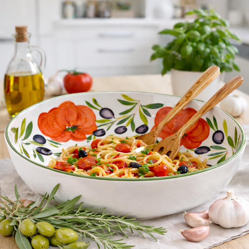 Lashuma Handgemachte Nudelschale aus Italienischer Keramik im Tomatendesign, Runde Pastaschüssel 36 cm, 9 cm tief