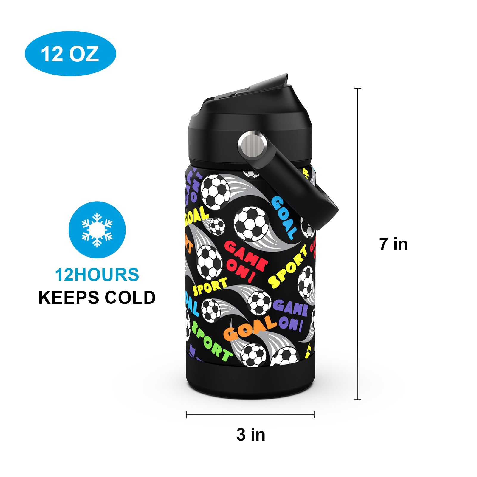 Kids Insulated Water Bottle with Straw,12oz Toddler Cups with Stainless Steel Leak Proof for School Boys Girls（Football）