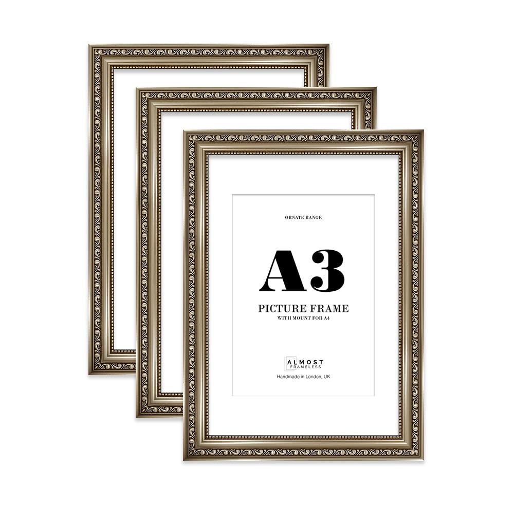 Gunmetal Ornate Picture Frame A3 With A4 Mount for Photos - Wall Display, Landscape or Portrait, 3 Pack