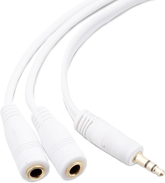 3.5mm Headphone Y Splitter | 1 Male to 2 Female Audio Jacks | Allows 2 People to Listen to 1 Sound Source | Ideal for all Media Players and Other Audio Devices with a 3.5 mm Port (White) by Mobi Lock