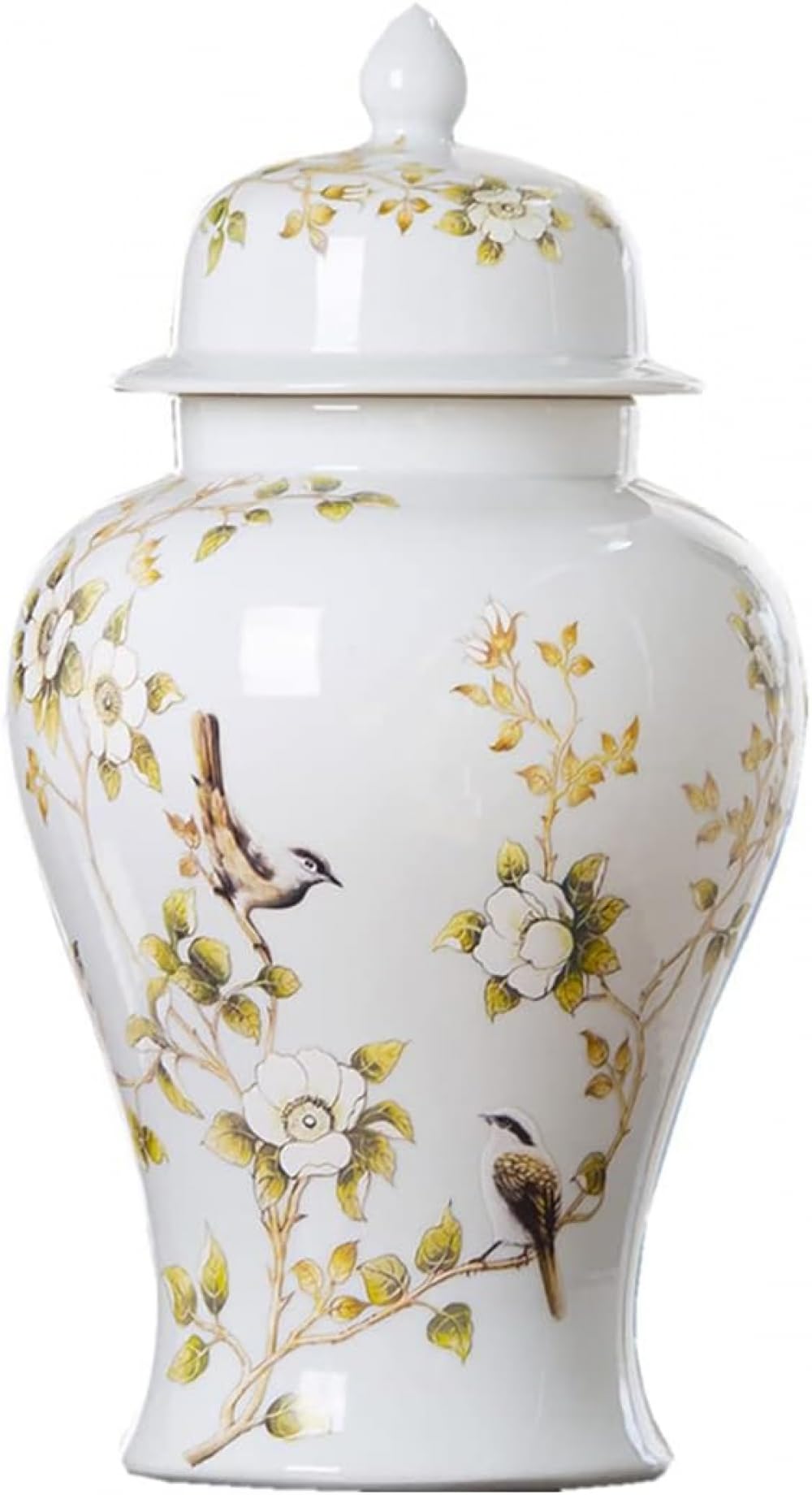 Vase Ceramic Vases Ginger Jar with Lid for Home Decor,White Flower Birds Pattern Temple Jar Vase Traditional Chinese Porcelain Dried Flower Vases Decoration for Living -Small-Large (Medium)