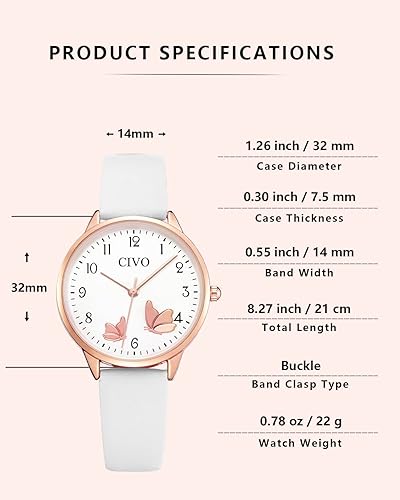 Miniatura 6 de CIVO Reloj de pulsera para mujer, correa de cuero, analógico, de cuarzo, impermeable, de moda, simple, fácil de leer, con exquisito dial de mariposa