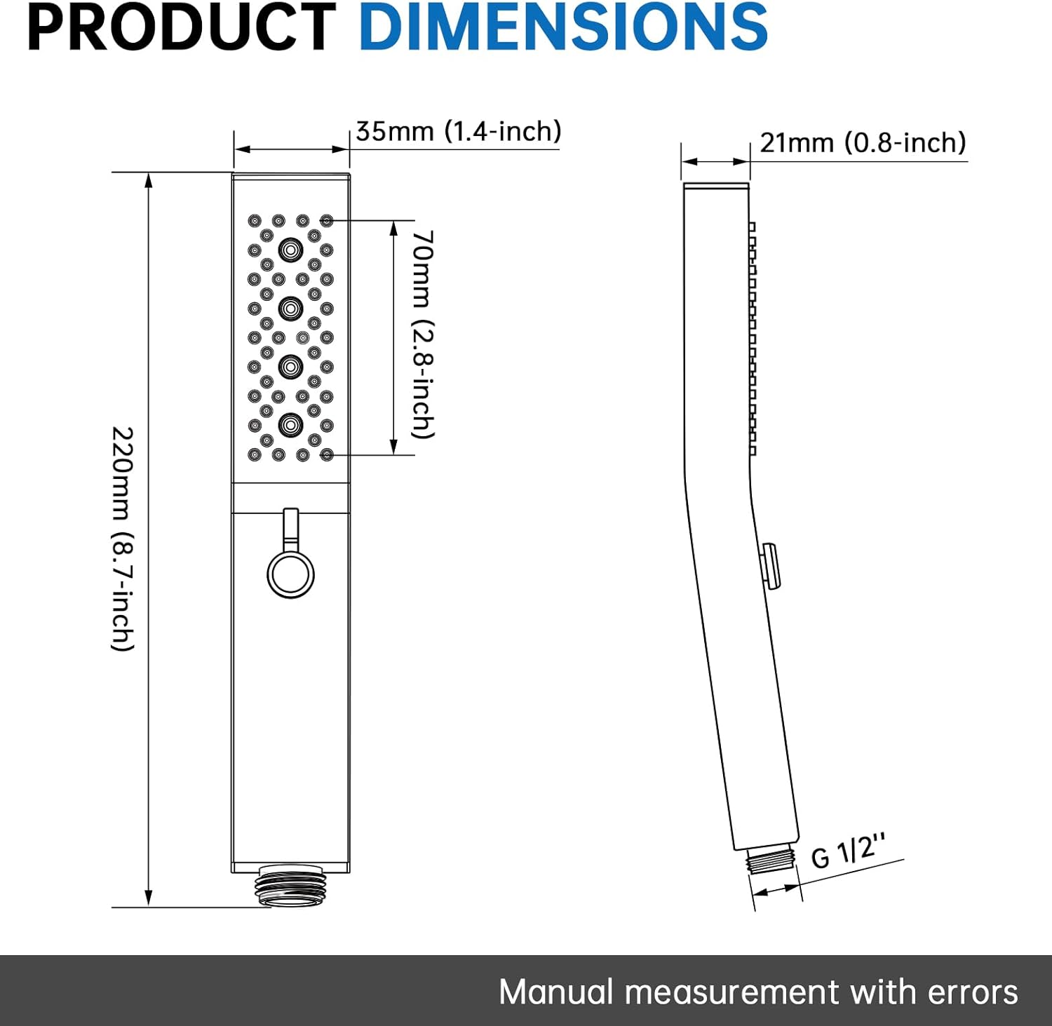 G-Promise All Metal Square 3 Function Handheld Shower Head, Easy and Quick Switch to Massage Mode, Bathroom Shower Wand Design Exquisite Luxury, 2.5 GPM, Chrome