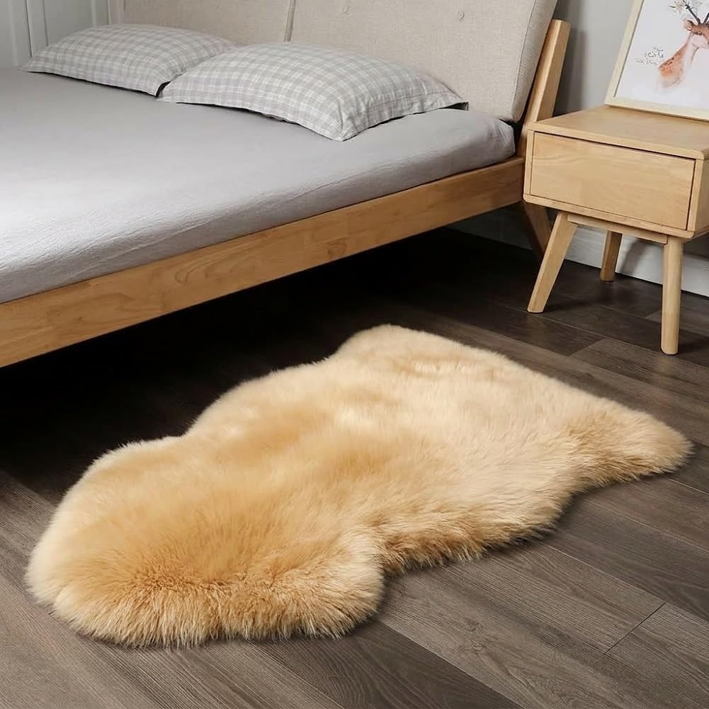 Premium Genuine Fur Sheepskin Rug Real Australia Sheepskin Natural Luxury Fluffy Lambskin Fur Area Rug Seat Covers for Kids Bedroom Sofa Chair Cover (Light Brown, Single Pelt/2ft x 3ft)