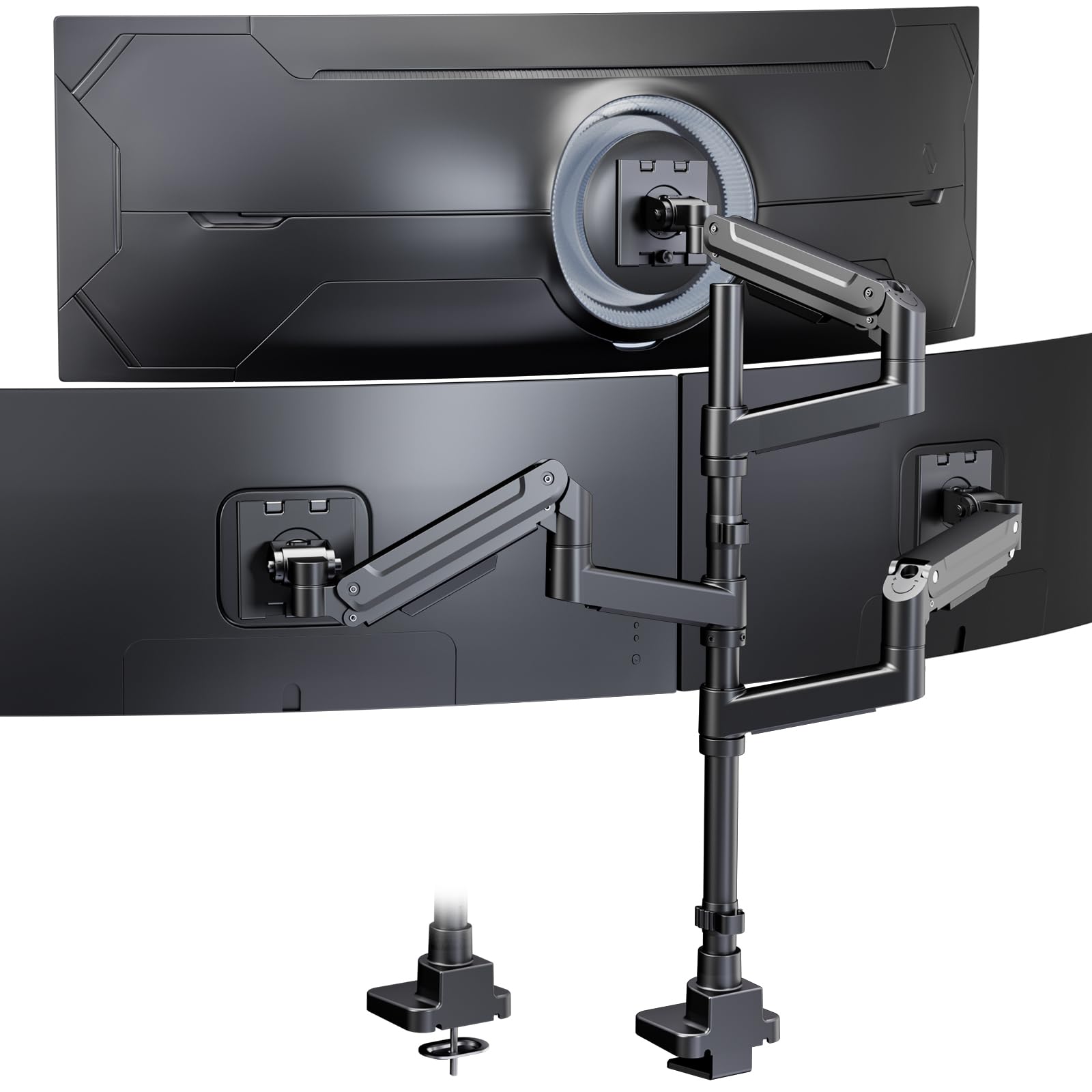 PUTORSEN Supporto per 3 monitor da 17 a 49 pollici, supporto regolabile in altezza con portata di 20 kg per braccio, asta da 80 cm per schermi piatti o curvi, VESA 75/100 mm