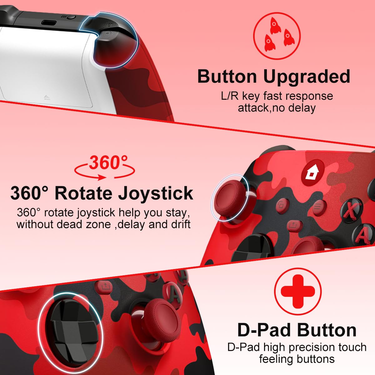 SWCTIM Xbox Controller Wireless für Xbox One, Xbox Series X/S, 3.5mm Kopfhörerbuchse, 2.4GHz Wireless Adapter, Camo Rot