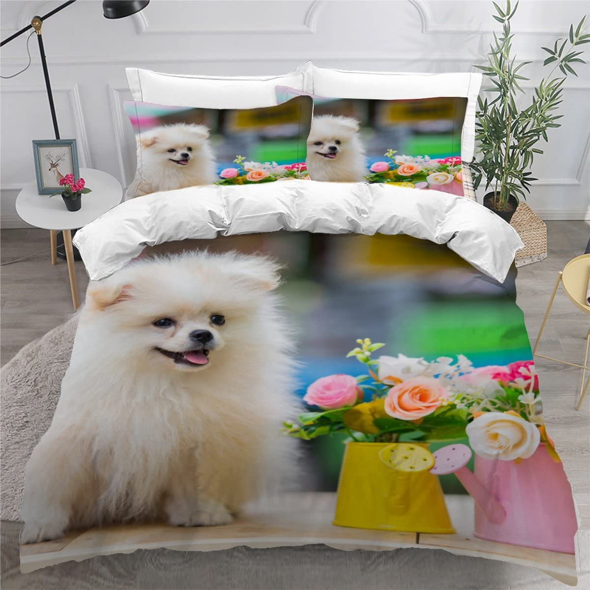 MEVASA Pomeranian Bedding Double Bed Set Microfiber Teenager Bedding Cute Dog Animal 3D Bedding Set for Small Double 3Pcs Anti Allergic Double Duvet Cover Set with Zipper /200x200 cm