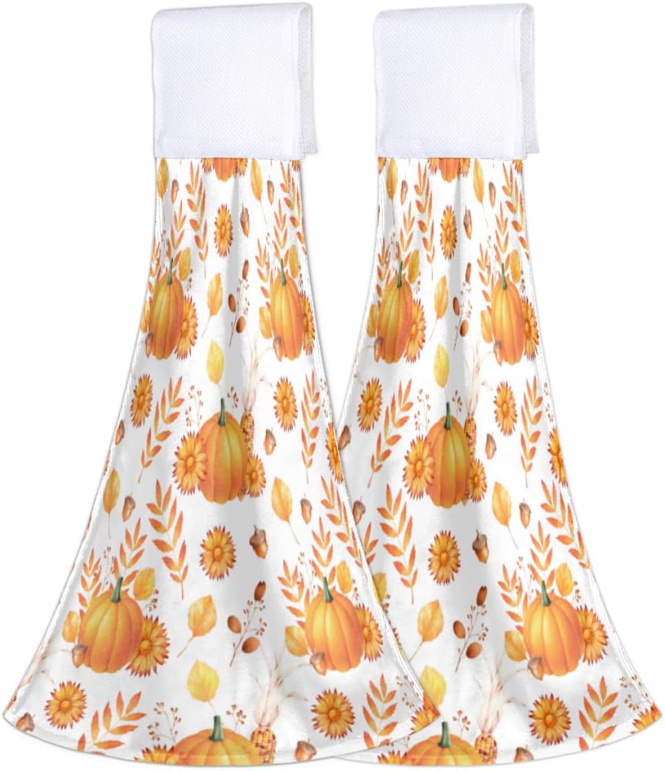 Fall Pumpkin Flower Leaves Kitchen Hand Towels 2 Pcs Autumn Thanksgiving Orange Floral Hanging Tie Towels Loop for Kitchen Bathroom Holiday Decorative Absorbent Dish Towel Washcloth