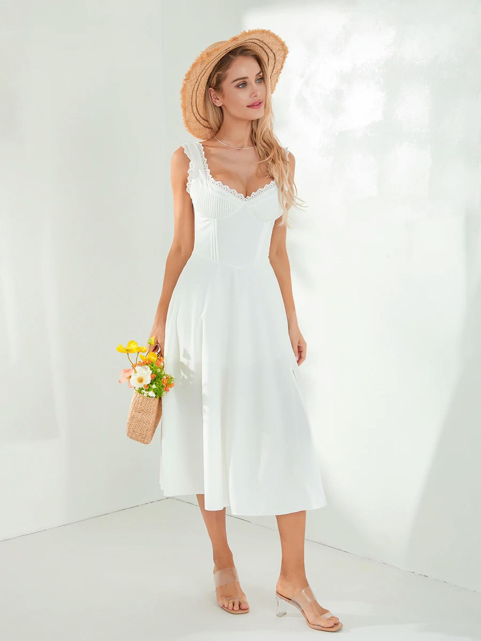 Abito da Donna con Corsetto Midi alla Moda Primavera-Estate in Pizzo Patchwork con Spacco Elegante Aderente Fluido a Linea A Vestito Estivo Casual-Rosso-M