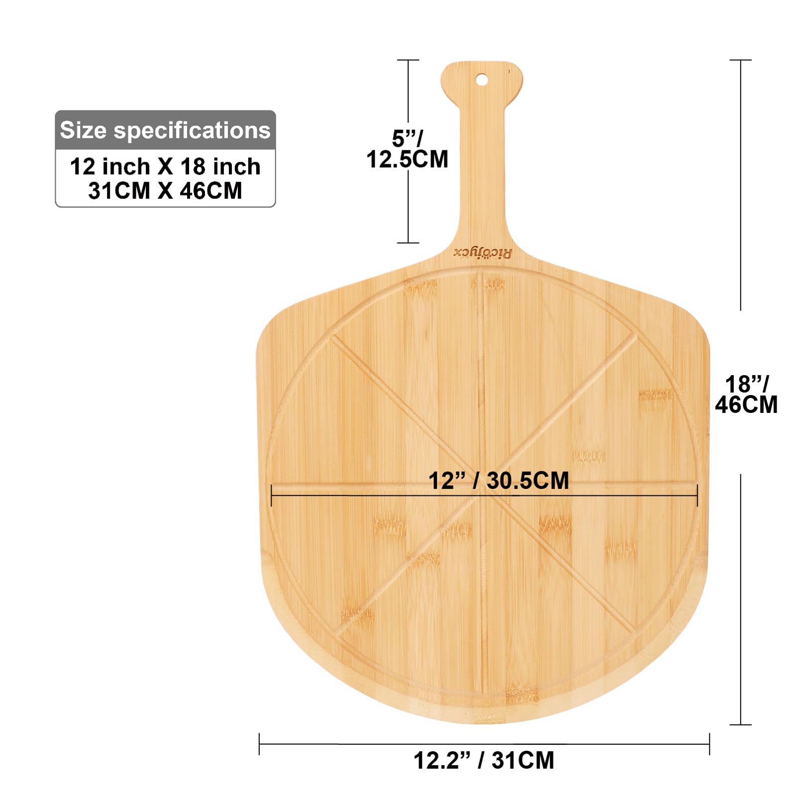 Tabla de servir de bambú, tabla de cortar de 12 pulgadas con mango de pala, plato de alimentos para pizza, queso, frutas, verduras, pan, carne, paquete de 2