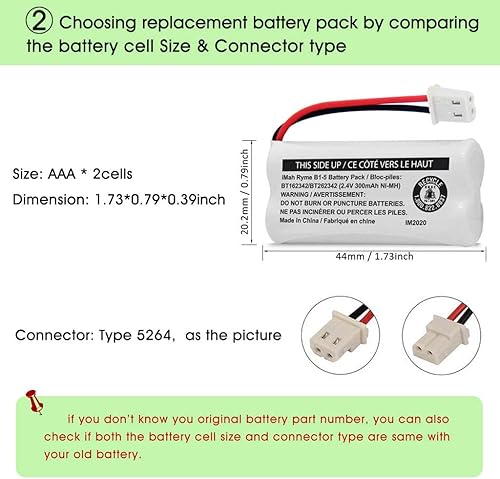 Miniatura 4 de iMah BT162342BT262342 2.4V 300mAh Ni-MH Paquete de batería inalámbrica para teléfono, también compatible con BT183342BT283342 AT&T EL52351 TL90070