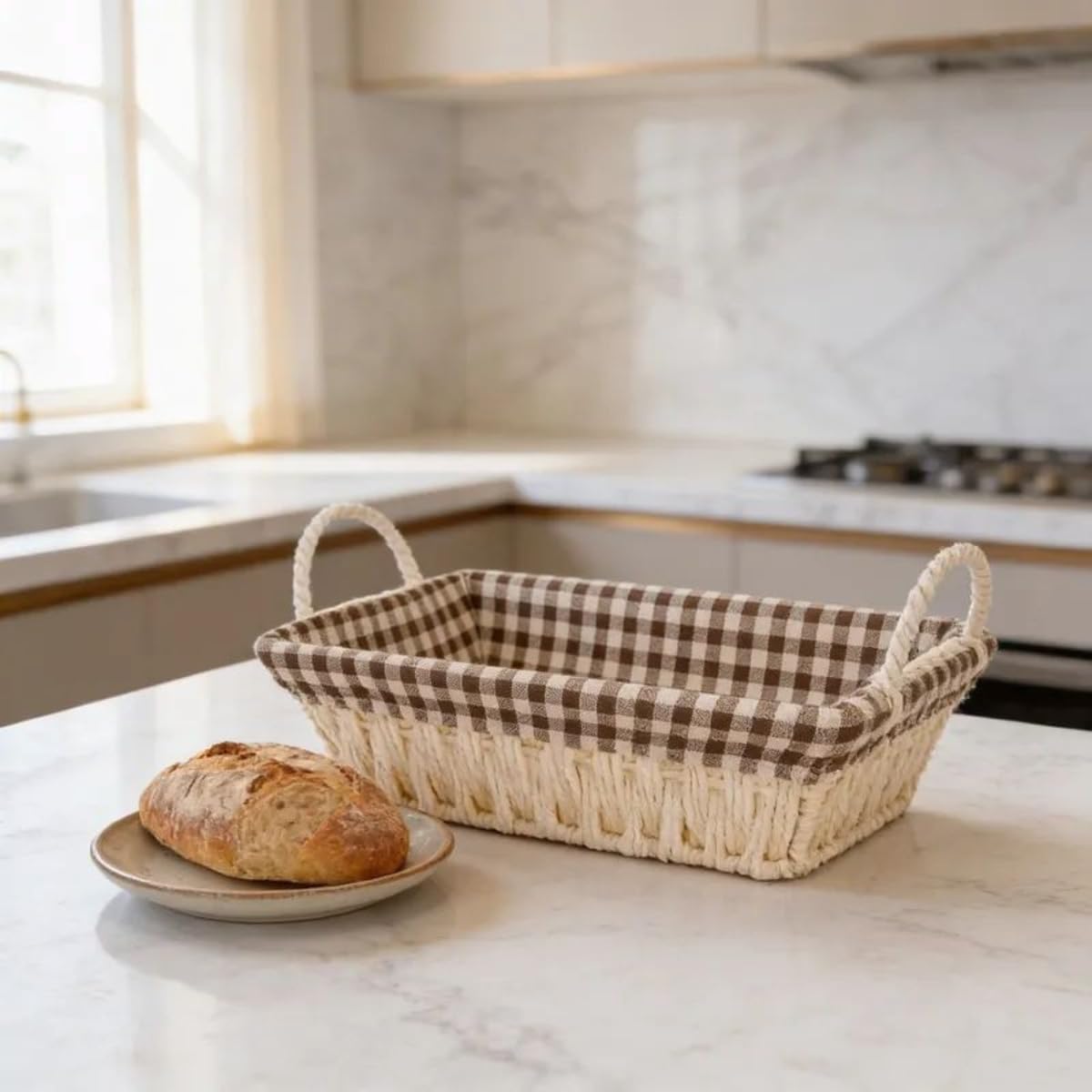Cesta Pão Retangular Com Forro Tecido Removível Cesta Café da Manhã Mesa Posta