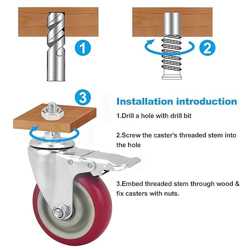 Miniatura 6 de Ruedas giratorias con freno, juego de 4 ruedas de poliuretano resistentes sin ruido, M12x30mm con tuerca + llave (4 pulgadas)
