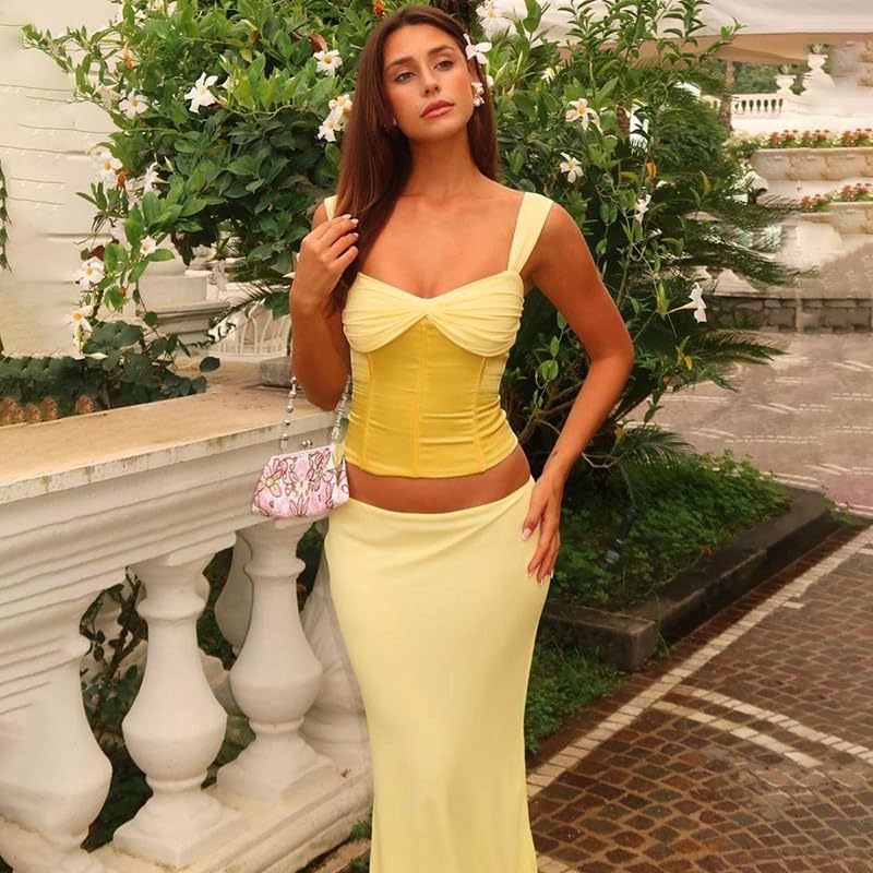 Womens Maxi Skirt Outfits Contrast Color Halter Crop Top Sexy Mesh Skirt Outfits Summer Beach Vacation Sets3