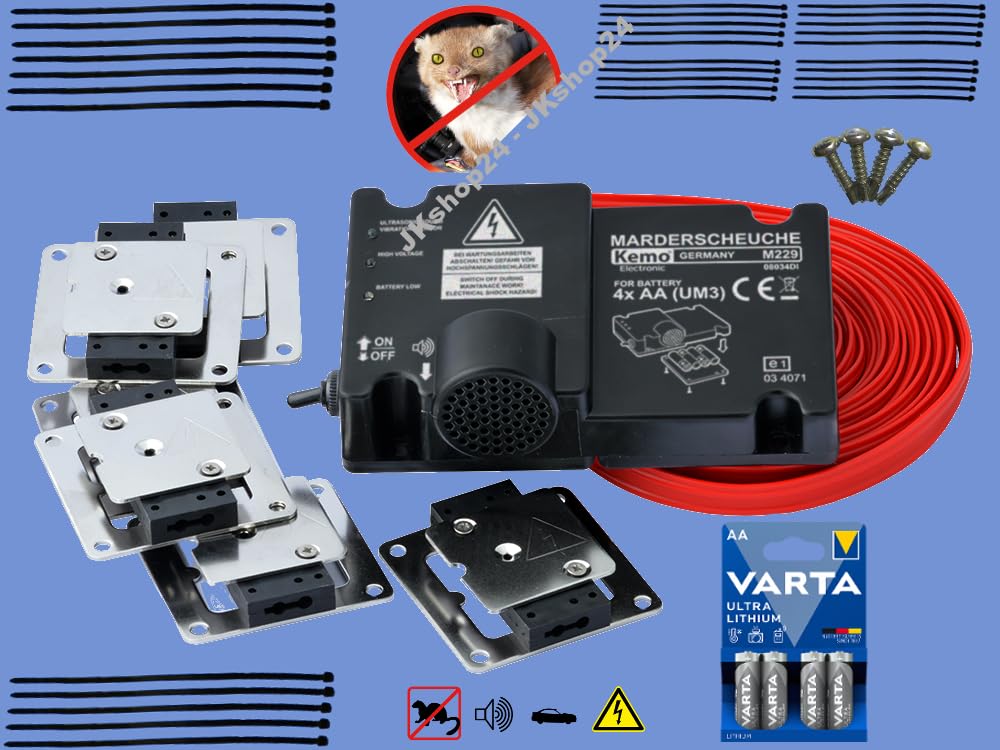 Marderabwehr Marderschutz Marderscheuche Marder-Schocker Kemo M229/SET batterie-betrieben+bordnetzunabhängig mit 6 Plus/Minus-Platten MIT 4 x AA-Ultimate-Lithium+Montage-Kit für KFZ PKW AUTO LKW Bus