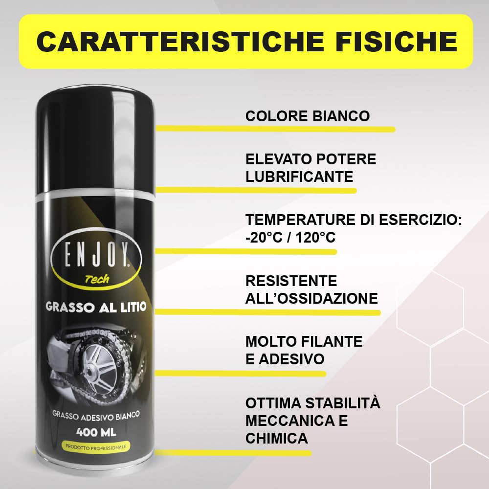 Enjoy Tech Grasso al Litio Spray 400ml, Lubrificante per Serrande, Cancelli e Cuscinetti Bici, Grasso Bianco Idrorepellente Anti-Ossidazione per Meccanica Auto e Casa, Professionale Made in Italy