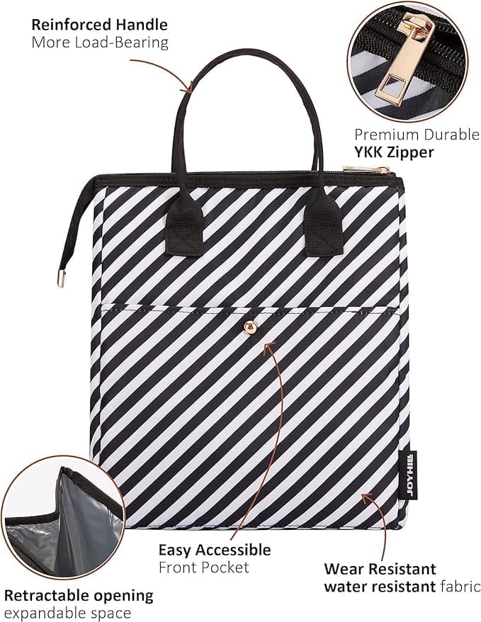 Image of Insulated Lunch Bag for Women, Black and White Stripe Tote with Front Pocket, Stylish Carry Bag (2)