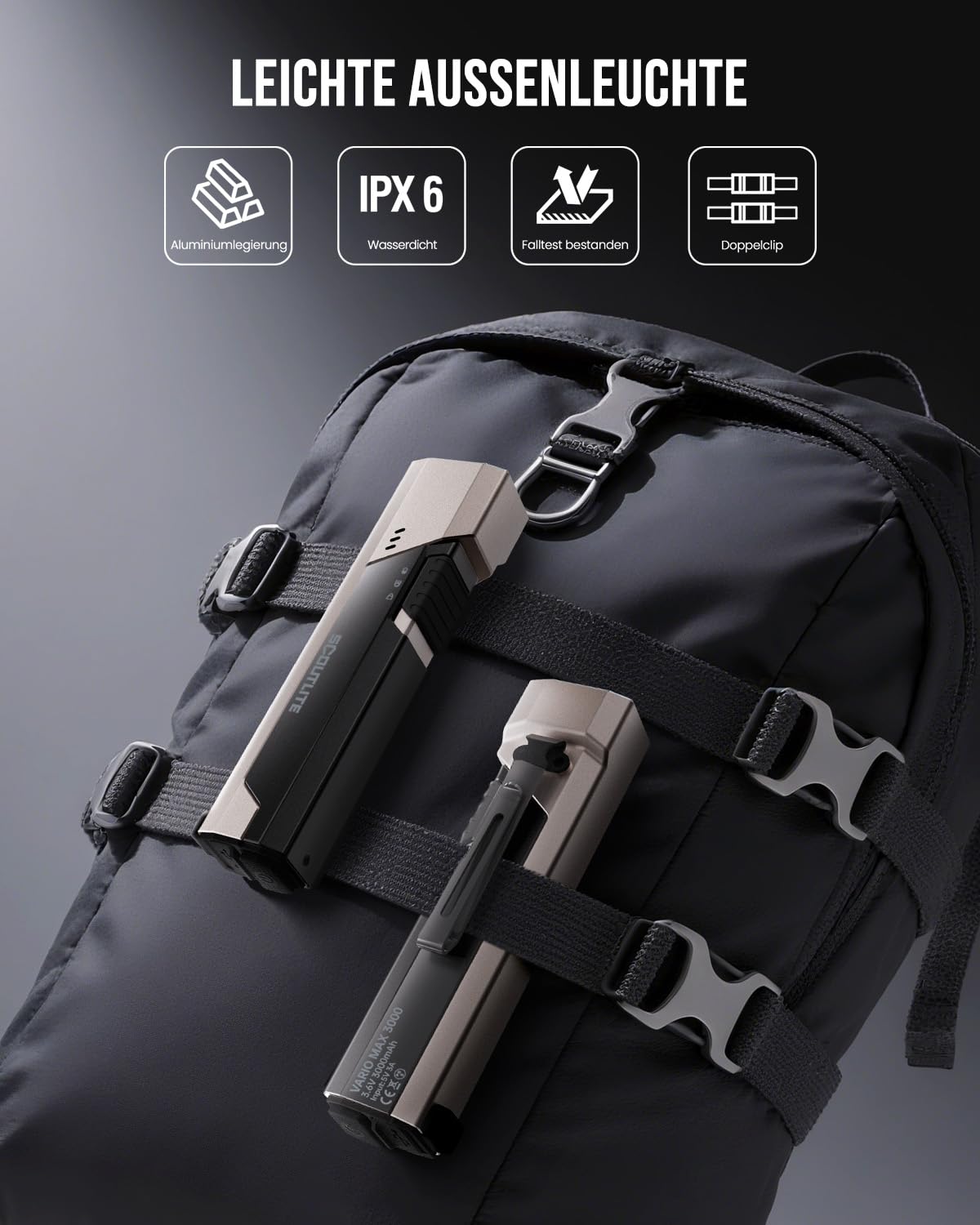 SCOUTLITE Vario MAX3000 LM Handtaschenlampe, wiederaufladbare LED-Taschenlampe mit weißem, rotem und bernsteinfarbenem Licht, wasserdicht IPX6, taktisch, flach für Camping, Outdoor und Notfallarbeiten