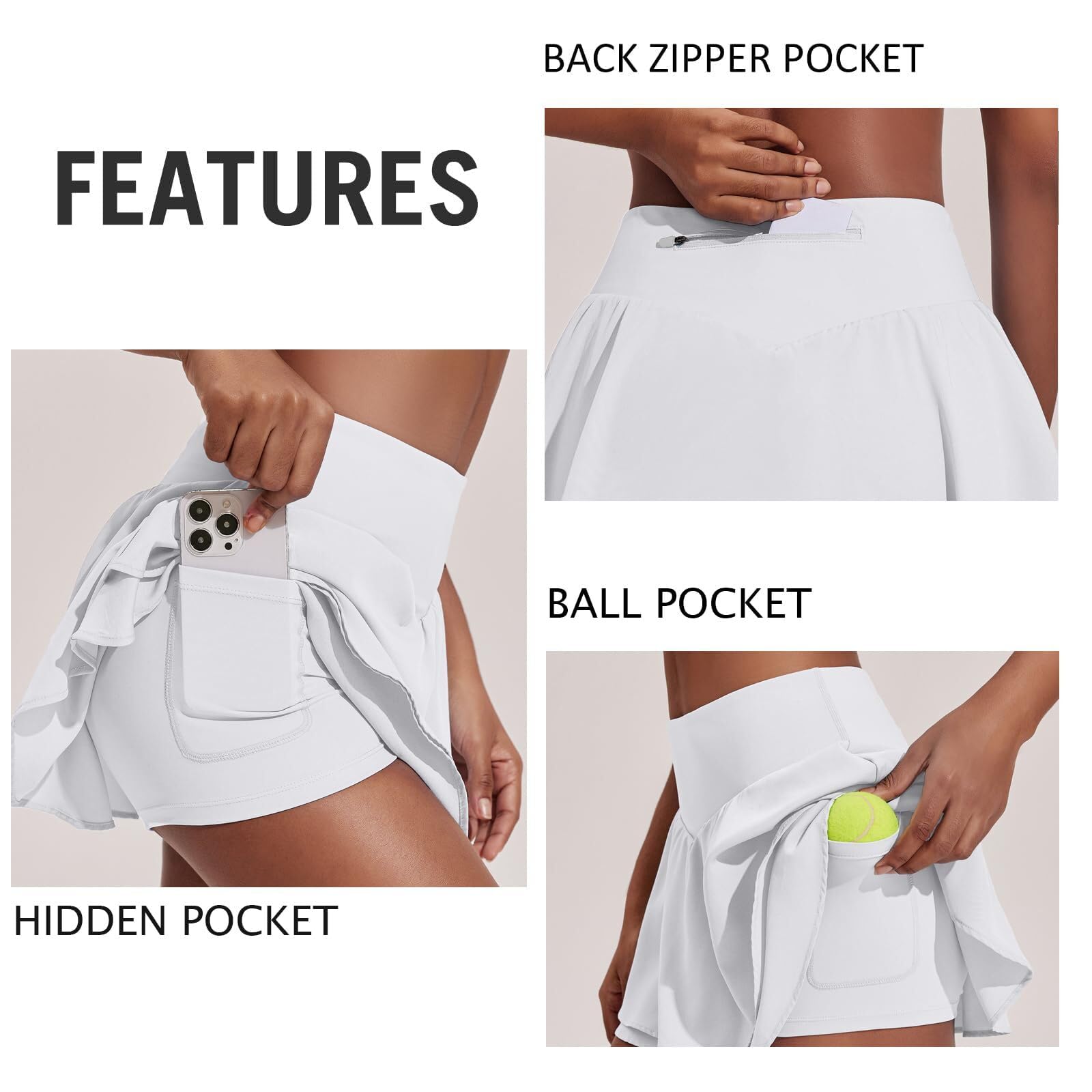 PINSPARK Falda Tenis para Mujer Falda de Tenis de Cintura Alta Cintura en V Falda Deportiva con Volantes Falda de Golf de Verano con 3 Bolsillos Falda Plisada Entrenamiento con Pantalones Interiores