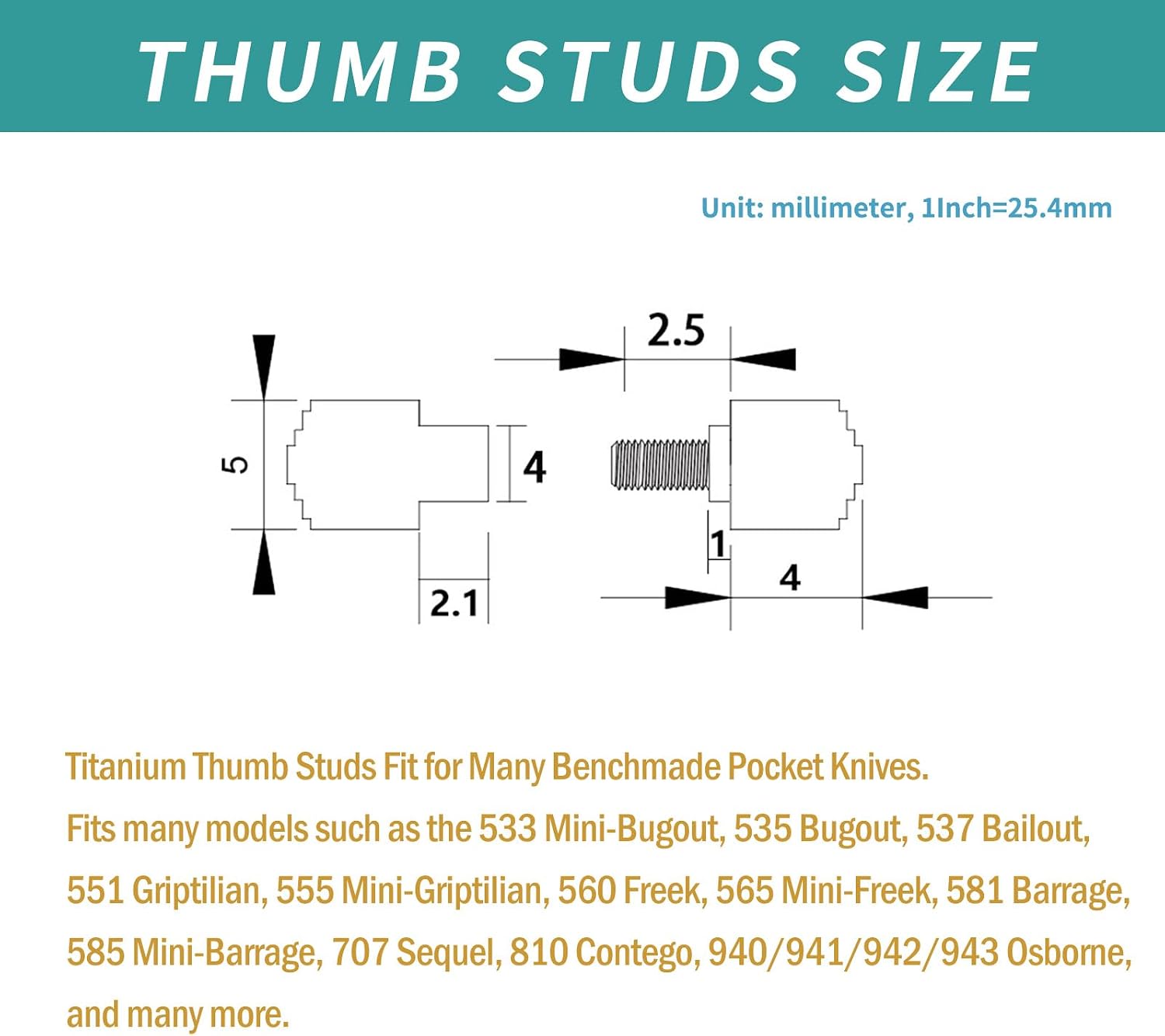 3 Pack Titanium Thumb Studs Fit for Benchmade BUGOUT 535 Series Pocket Knives, Titanium Primary Color